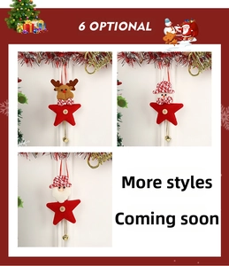 Detailed view of red plush star ornaments with Santa, snowman and deer with golden bells