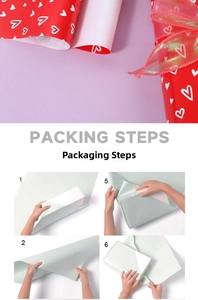 Detail showing red heart pattern wrapping paper and step-by-step packing instructions