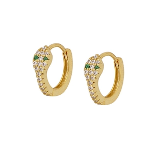 Detail of gold snake hoop earrings with white zircons and green gemstone eyes