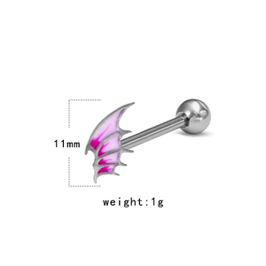 Detail view of a 11mm pink enamel spider wing tongue ring made of polished steel