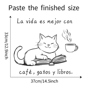 Detailed wall sticker layout with measurements for cartoon cat, coffee and book design