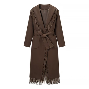 Manteau Long Pour Femmes Texture Laine Avec Franges Détails Col À Revers Ceinture À La Taille Marron Foncé