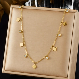Collier Pendentif Étoile En Acier Inoxydable Plaqué Or Avec Zirconium Rond Brillant Pour Femmes Bijoux Élégants Quotidiens