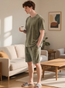 Close-up of olive green velvet lounge set featuring a soft texture and comfortable fit