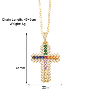 Detailed size chart showing a 41x22mm gold cross pendant with rainbow cubic zirconia