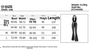 Size chart for lace halter jumpsuit showing bust, waist, and hip measurements in cm