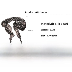 Polka dot fabric scarf necklace with detailed measurements and light silk texture
