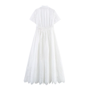 White short sleeve embroidered shirt dress with lapel collar and hollow out lace details