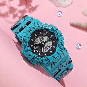 Teal One Piece cartoon waterproof sports digital watch with black manga crackle patterns
