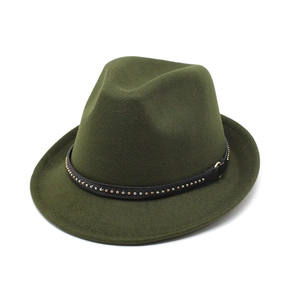 Close-up of olive green wool fedora hat with studded leather band and metal buckle