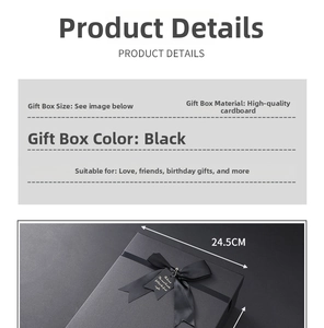 Detail view of square black gift box with ribbon and top dimension measuring 24.5cm