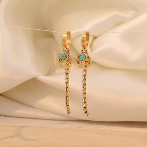 Gold stainless steel tree of life earrings with turquoise beads and long rhinestone tassels