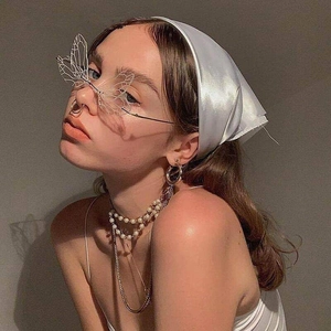 Chic rimless butterfly wing sunglasses with pearl necklaces and white headscarf accessory set