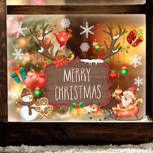 Cartoon Christmas static window stickers set featuring Santa, snowman and reindeer on wood