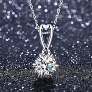 Macro shot of a heart-shaped moissanite pendant with a six-prong silver setting