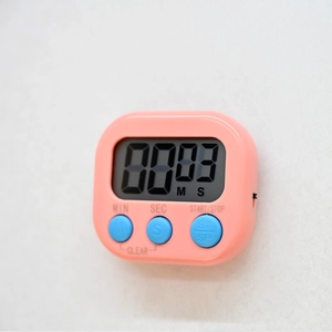 Front close-up of pink digital visual timer with blue buttons and clear LCD screen