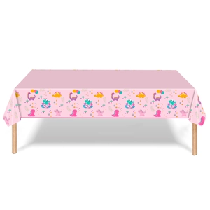 Pink cartoon dinosaur party tablecloth with colorful balloons and plant patterns