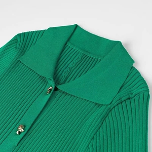 Détail d'une robe en maille côtelée verte avec col classique et boutons dorés