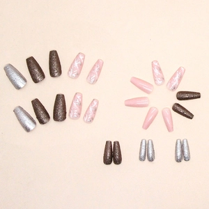 Sparkling silver glitter and marble texture long coffin press-on nails set for women
