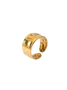 Detail of golden open ring with unique hand-hammered texture and 18k gold plating