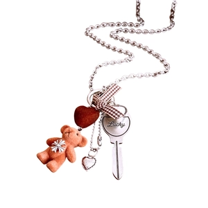 Flocked brown bear necklace with lucky key and red heart on silver steel chain