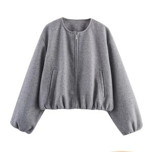 Women's minimalist grey round neck bomber jacket with metal zipper and elastic hem