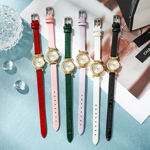 Detailed display of six colorful slim leather strap watches with diamond gold cases