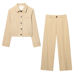 Women Cropped Lapel Jacket And High Waist Wide Leg Pants Polyester Solid Color Professional Streetwear