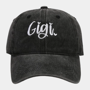 Vintage washed black baseball cap with white Gigi embroidery and adjustable soft top crown
