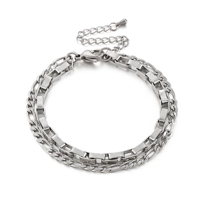 Double-layered stainless steel chain bracelet with Figaro and box links in silver finish