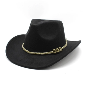 Classic black wool felt cowboy hat with khaki braided rope and golden metal beads