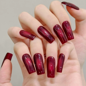 Blood Red Cat Eye Press On Nails Long Square Coffin Gradient Glossy Resin Elegant Manicure Women