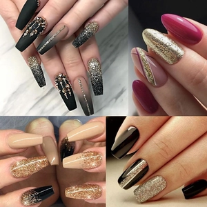 Detail of champagne gold nail glitter used for gradient and geometric nail art designs