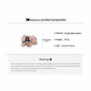 Detailed size specifications for pink floral hair clip in fabric and acrylic material