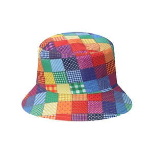 Bohemian patchwork bucket hat with colorful rainbow paisley and plaid patterns