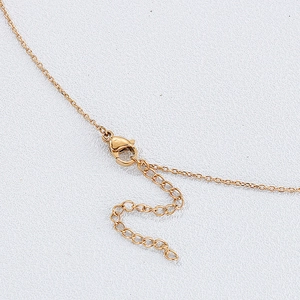 Detailed close-up of the golden lobster clasp and extension chain on the necklace
