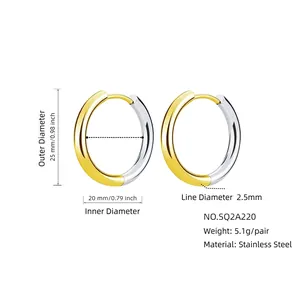 Two-tone titanium steel hoop earrings in gold and silver finish with dimensions