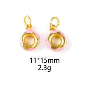 Macro detail of pink donut charms with gold plating and 11x15mm dimension specs