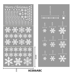 Detailed size specifications for Merry Christmas window stickers and snowflakes