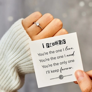 Close-up of S925 sterling silver solitaire promise ring with message card for women