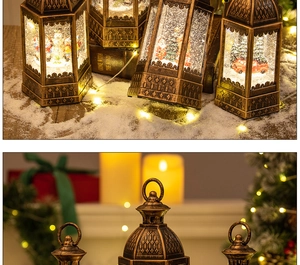 Detail of vintage Christmas lantern with glitter snow globe and metallic hanging ring