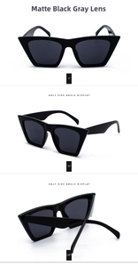 Drei-Ansichten-Layout der mattschwarzen Katzenaugen-Sonnenbrille mit grauen Gläsern