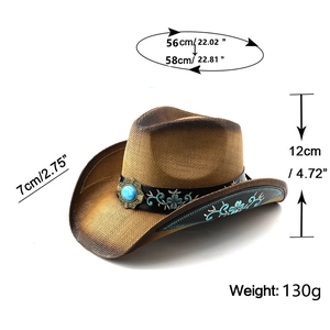 Détail d'un chapeau de cowboy tissé avec pierre turquoise et broderie florale
