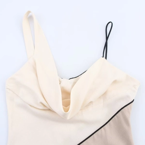 Asymmetric patchwork midi dress in beige and khaki with elegant black spaghetti straps
