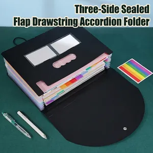 Black expanding file folder with multicolored pockets and secure drawstring closure