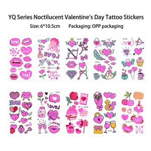 Leuchtende Valentinstag-Tattoos mit Herz und Rose für Partys, 6x10,5cm neonpinke Aufkleber