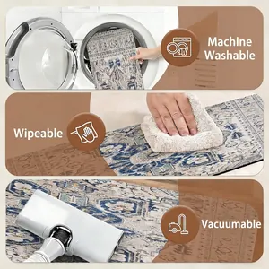 Non-slip vintage staircase mat showing machine wash, hand wipe, and vacuum cleaning methods