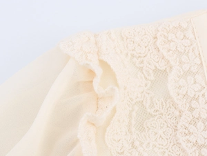 Détail de la broderie en dentelle ivoire et de la texture du tissu en mousseline