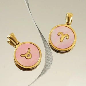 18K gold titanium steel necklaces with pink enamel Taurus and Aries zodiac pendants
