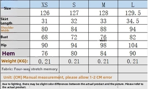 Detailed size chart for pleated cutout dress showing measurements for XS to L sizes
